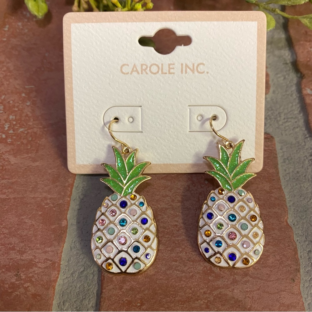 Carol Inc Pineapple Rhinestone Multicolored Dangle Earrings 1.5in